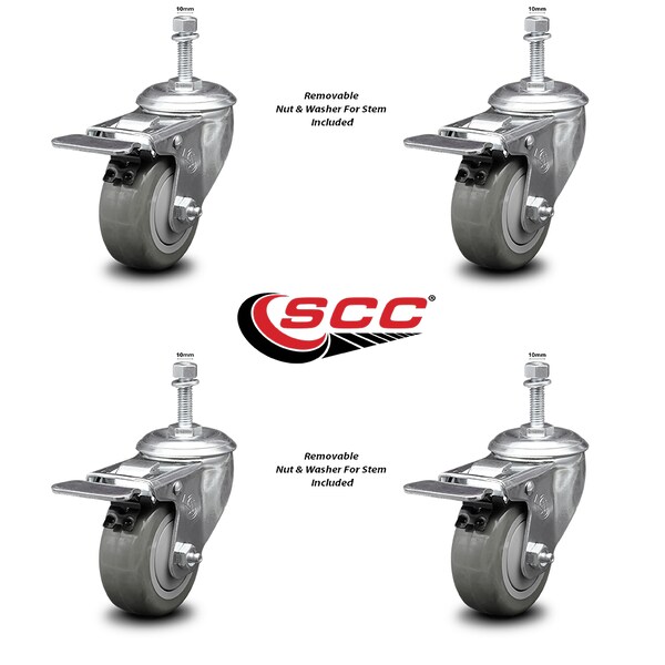 Service Caster 3.5 Inch Gray Polyurethane Swivel 10mm Stem Caster Set with Total Lock Brake SCC-TSTTL20S3514-PPUB-M1015-4 - main